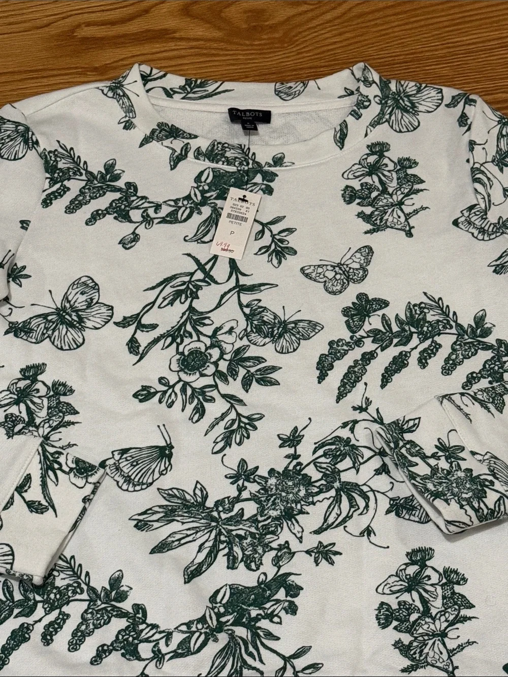 Talbots White Crewneck Sweatshirt with Green Botanical & Butterfly Print